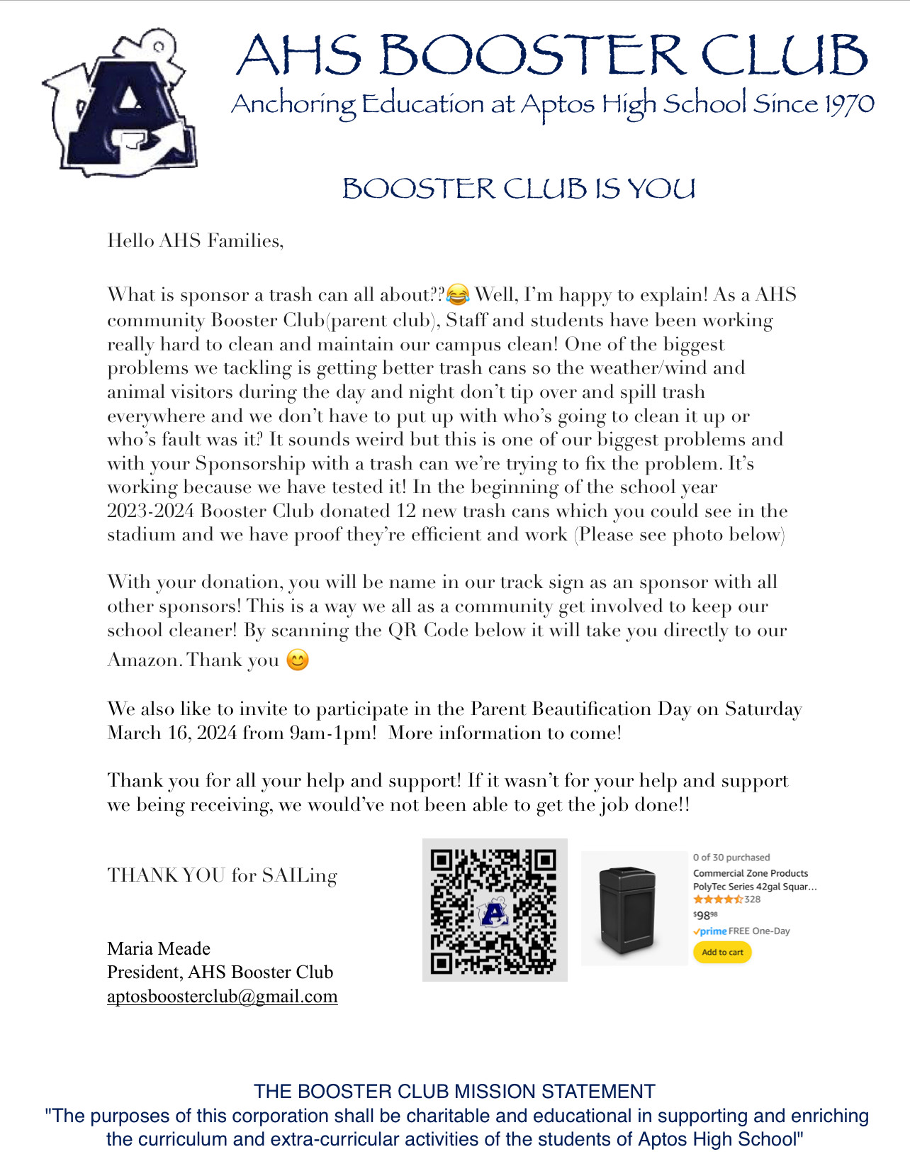Booster Club Trashcan Sponsorship