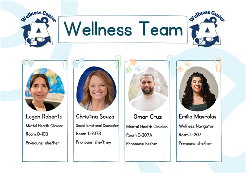 Wellness Team Logan Roberts, Mental Health Clinician, D-103 She/her.  Christina Souza, Social Emotional Counselor Room I-207B She/they Omar Cruz, Mental Health Clinician Room I 207-A he/him and Emilia Mavrolas, Wellness Navigator Room I-207 She/her