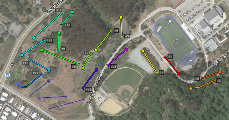 Overhead map of a discgolf course